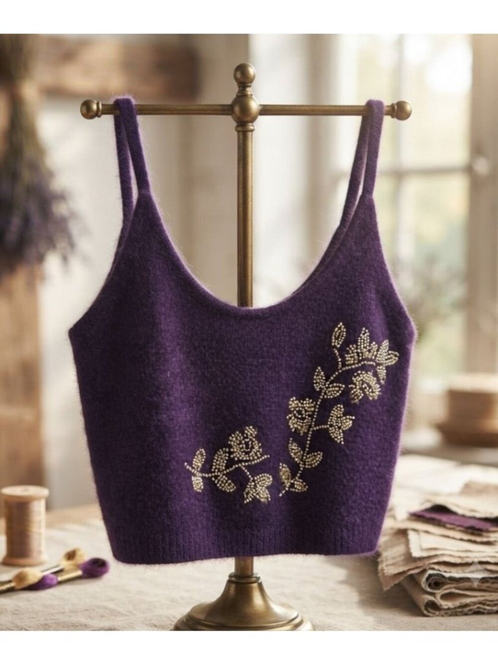 NWT Women's - Zara Purple Floral Beaded Knit Crop Top, Size Medium